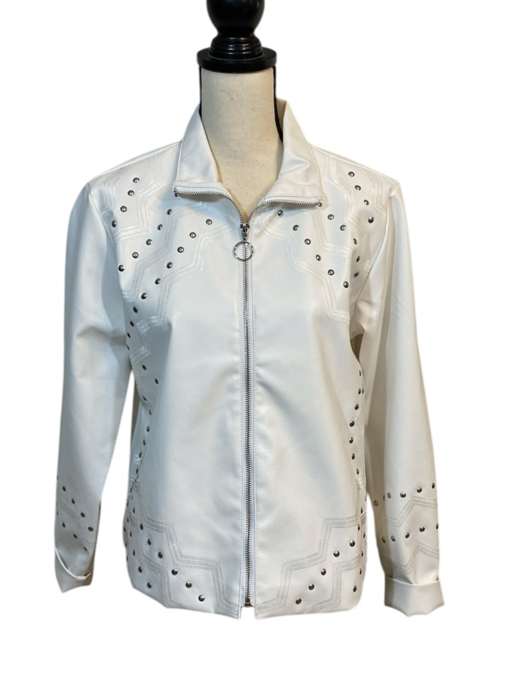 Pamela McCoy White Pearl Faux Leather Studded Zip Front Jacket Large